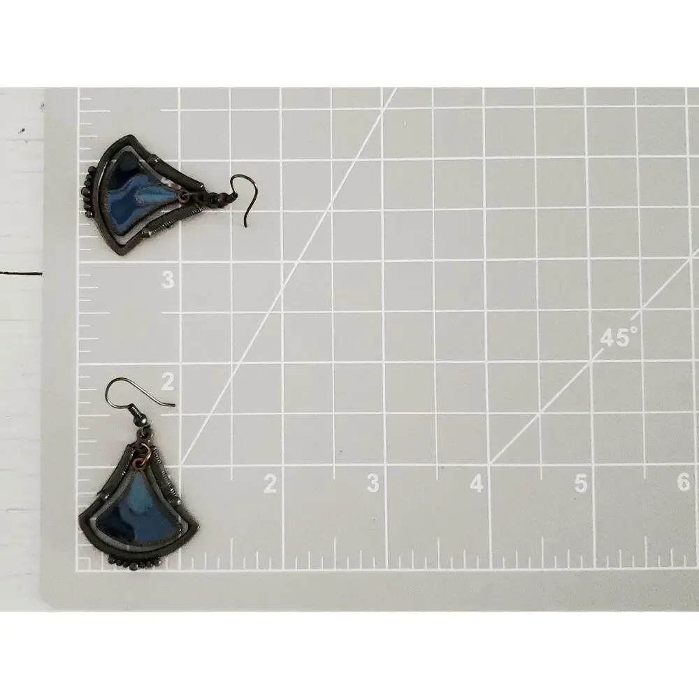 Vintage Silver-tone Blue Enamel Fan Dangle Earrings